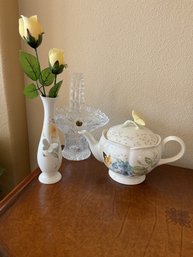 Tea Pot & Matching Vase With Crystal Basket