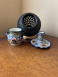 Black Decorative Bowl On Stand & Mini Pot & Candle Holder