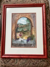 Framed Italian Vineyard Watercolor Painting