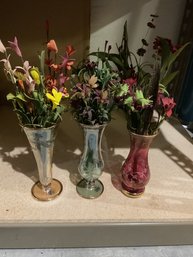 3 Floral Vases W/faux Flowers