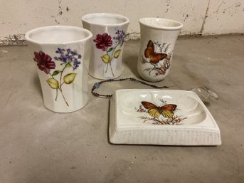 Butterfly And Flower Dish And Cups