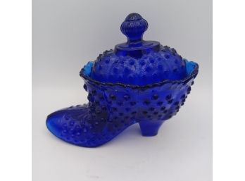 Vintage Cobalt Blue Hobnail Glass Boot Shoe Candy Dish With Lid