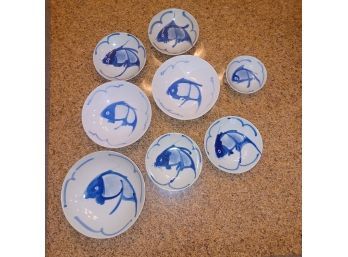 Raoping Chinese Cobalt Blue Koi Decorated Soup Plates X8