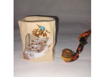 Handmade Native American Clay Votive & Pipe