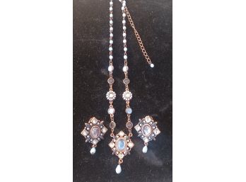 Avon Necklace & Earring Set Blue & Copper Color