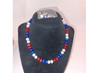Red White & Blue Cats Eye Necklace & Earring Set