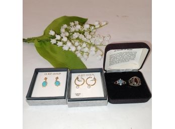 14k Gold Turquoise Earrings, 14k Cultured Pearl Earrings,  Sterling Rings X2