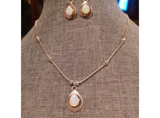 Sterling Silver Opal Necklace & Earring Set