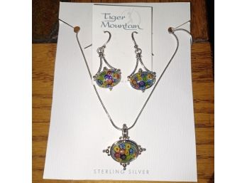 Sterling Silver Tiger Mountain Venetian Glass Necklace & Earring  Set