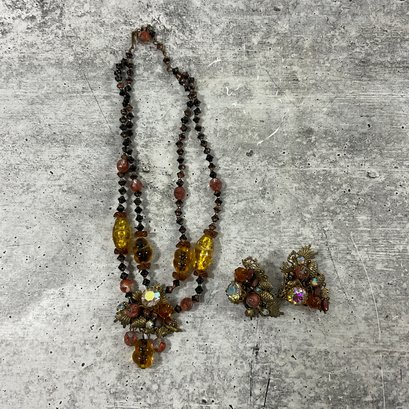 093 Matching Necklace And Earring Bronze And Glass Beaded Fall Themed Set