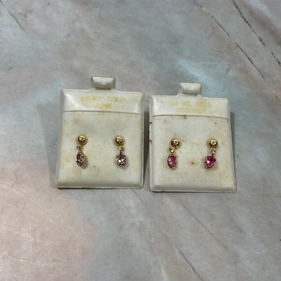 005 Lot Of Two Pink Birth Stone 14kt Gold Earrings (june, October)