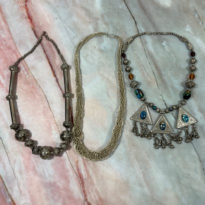 063 Lot Of Three Vintage Silver Statement Necklaces