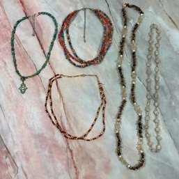 109 Lot Of Five Multi-colored Beaded Necklace, Coral, Tigers Eye, And Turquoise