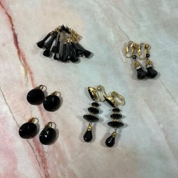 111 Lot Of Five Black Rhinestone Gold Tone Dangle/Hugging Earrings