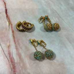 118 Lot Of Three Multi-Colored Rhinestone Gold Tone Clip-On Earrings