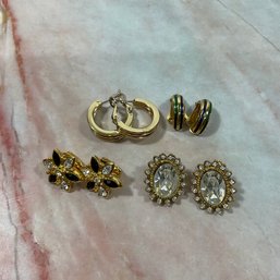 116 Lot Of Four Gold Tone Rhinestone & Enameled Earrings, Hoops And Clip-ons