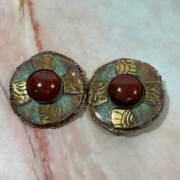 123 Vintage Hand-Made Signed Artistic Gold Tone Bronze Clip-On Earrings