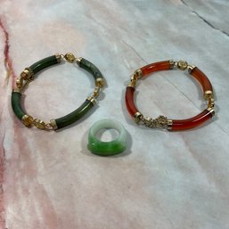 135 Lot Of Three Jade Gold Tone Chinese Bracelets, & Jade Ring