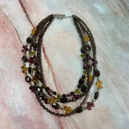 150 Vintage Brown, Yellow, Green, & Purple Glass Beaded Four Layered Necklace