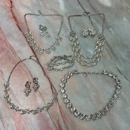 156 Lot Of Eight Crystal Rhinestone Silver Tone Jewelry, Necklaces, Earrings, Bracelet