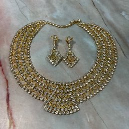 192 Vintage Gold Tone Rhinestone Statement NecklaceChoker With Matching Earrings