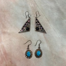 184 Lot Of Two Mexico Sterling Silver Enameled And Turquoise Earrings