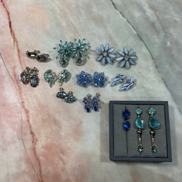 177 Lot Of Thirteen Vintage Blue Rhinestone Clip-On Earrings, Weisner, Xoyes