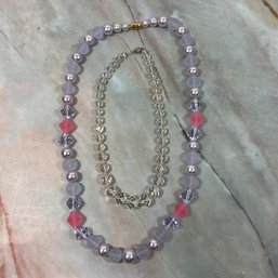 171 Lot Of Two Vintage Crystal And Purple/Pink Beaded Necklace