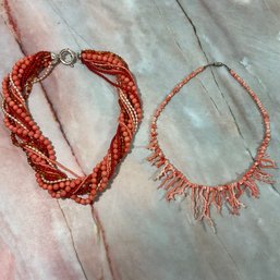 169 Lot Of Two Coral & Coral Colored Beaded Layered Vintage Necklaces