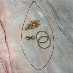 166 Lot Of Four Gold Tone Pink Rose Jewelry, Earrings, Brooch, Chain
