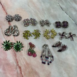 163 Lot Of Twelve Vintage Clip-On Multi-Color Beaded Earrings, Collectable Pair Of Trifari