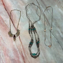 157 Lot Of Three Silver Necklaces, Fetish Necklace, Turquoise, Bamboo & Granite