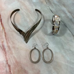 158 Set Of Three Silver Tone Jewelry Choker, Bracelet Cuff, & Earrings