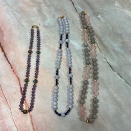 160 Lot Of Three Pastel Colored Quartz Beads, Dumortierite Quartz, Rose Quartz, And Amethyst Quartz