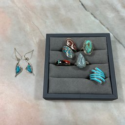 198 Lot Of Six Sterling Silver Turquoise Rings And Earrings