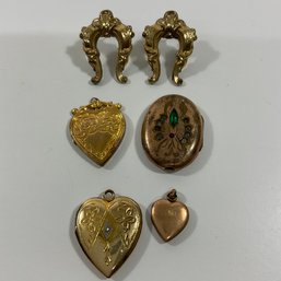 013 Lot Of Five Victorian Gold Toned Locket Necklace Pendants And Earrings