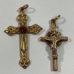 125 Lot Of Two Vintage 10k Gold Cross Necklace Pendants, With Garnet Stone, 2 Grams