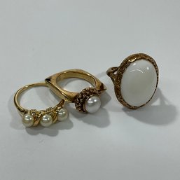 017 Lot Of Three Gold Tone Sterling Faux Pearl White Stone Rings Size 6, 7, 8