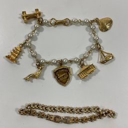 022 Lot Of Two Gold Tone Bracelets, San Francisco Charm Bracelet & Matte Gold Rhinestone Bracelet