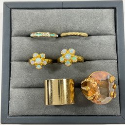 041 Lot Of Six Gold Tone Opal, Topaz, Turquoise Rings