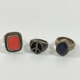 037 Lot Of Three Vintage Sterling Silver And Brass Chunky Rings, Lapiz, Coral Stones, India