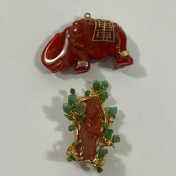 043 Lot Of Two Chinese Carnelian And Jade Gold Toned Pendant & Brooch