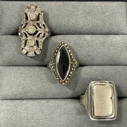 036 Lot Of Three Vintage Sterling Silver Art Deco Style Rhinestone Black Onyx Rings