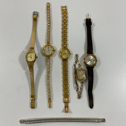 025 Lot Of Five Vintage Dainty Watches, Seiko, Elgin, Pulsar, One Silver Watch Band