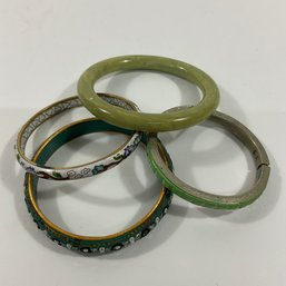 045 Lot Of Four Vintage Shades Of Green And Blue Bangle Bracelets, Cloisonne, Bakelite