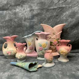 003 Lot Of Seven Hull Pottery Floral Vases Plus One Roseville
