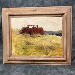 012 Vintage Red Truck Painting Signed 'Skuarch' Oil On Board