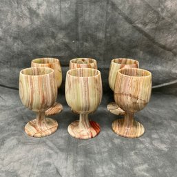 01 Set Of Six Onyx Greens And Reds Alabaster Marble Wine Glass Goblets Made In Pakistan