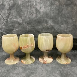 021 Set Of Four Onyx Green Alabaster Marble Wine Glasses Goblets Made In Pakistan