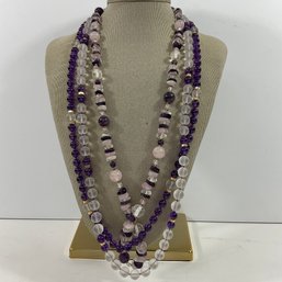 078 Lot Of Two Vintage Glass Beaded Necklaces, Amethyst, Quartz, One 14k Gold Clasp & Beads